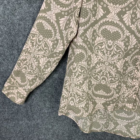 New York & Co Button Up M Top Olive & Pink Pattern Long Sl Pleated Back Career - Picture 3 of 9